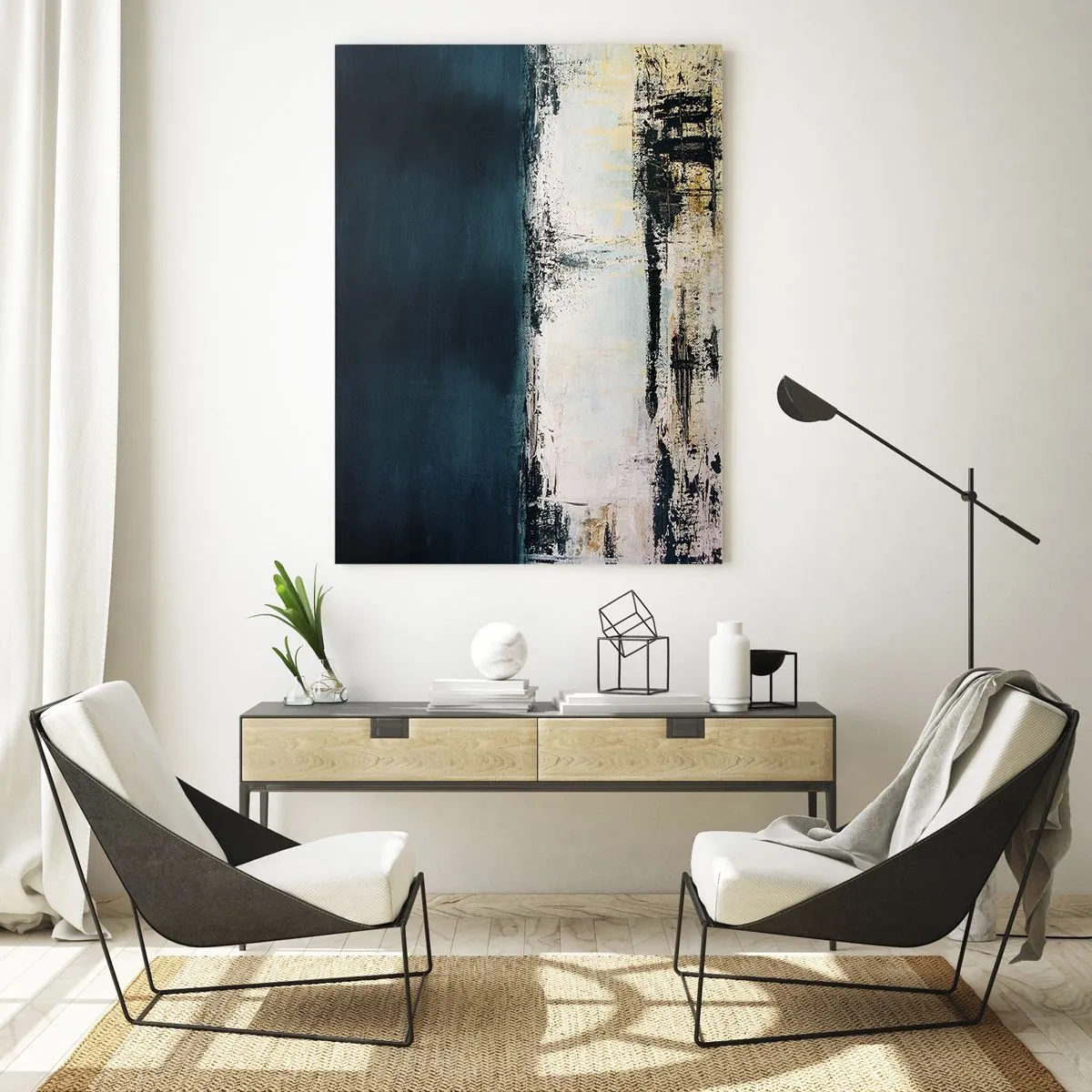 Obraz na szkle - Abstrakcyjny krajobraz w odcieniach granatu i bieli - 50x70cm - Kompozycja horyzontalna - Nowoczesna dekoracja ścienna do salonu, kuchni i sypialni ARTTOR