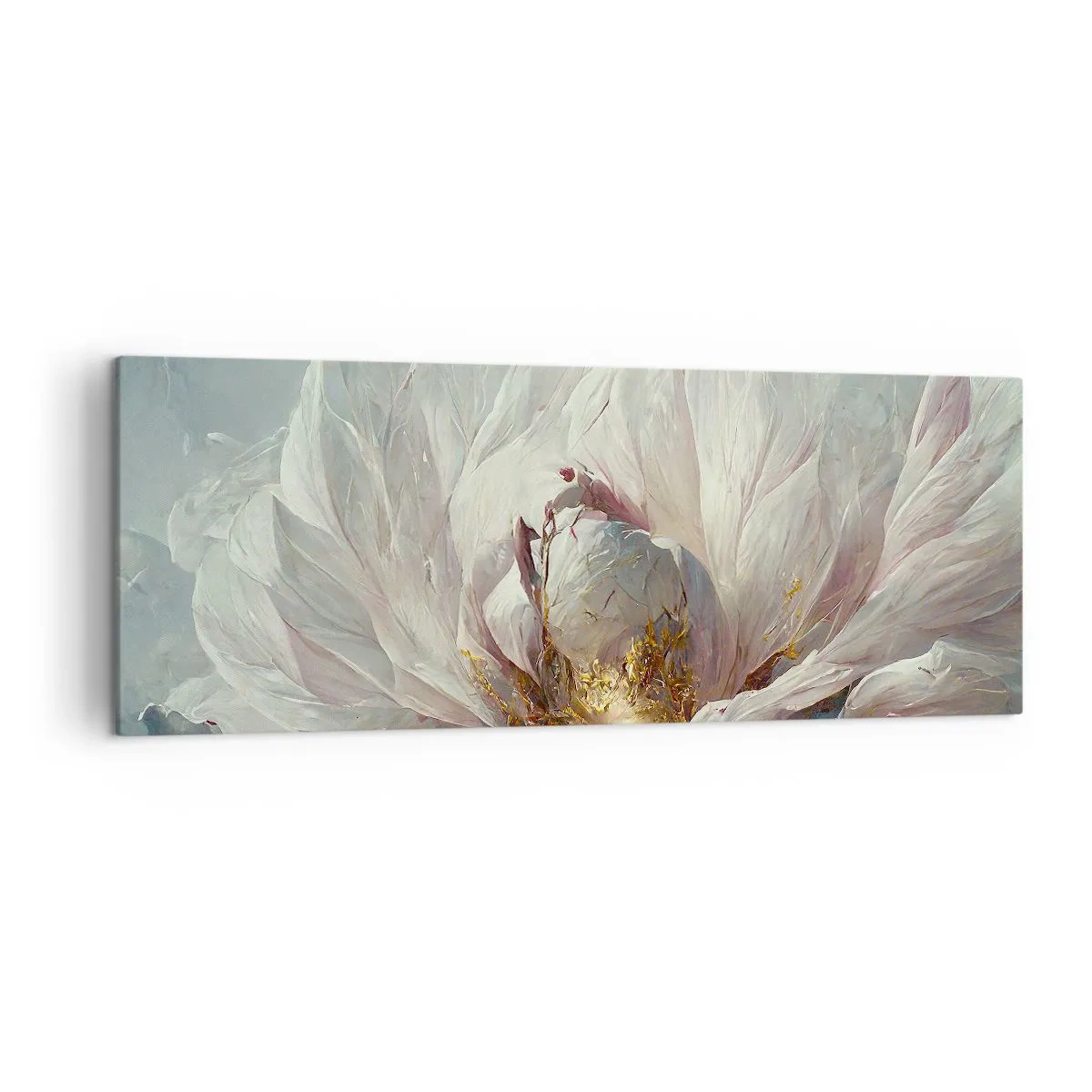 Obraz na płótnie - Delikatny biały kwiat z subtelnymi złotymi akcentami - 140x50cm - Rozkwita raz na sto lat - Nowoczesna dekoracja ścienna do salonu i sypialni ARTTOR