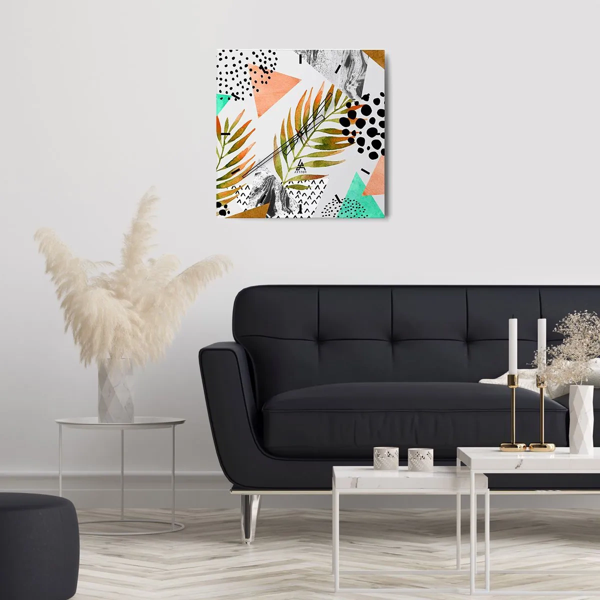 Zegar ścienny - Tropikalny wzór z liśćmi i geometrycznymi kształtami - 30x30cm - Dekoracja z palmowym liściem - Nowoczesna dekoracja ścienna do salonu i sypialni ARTTOR
