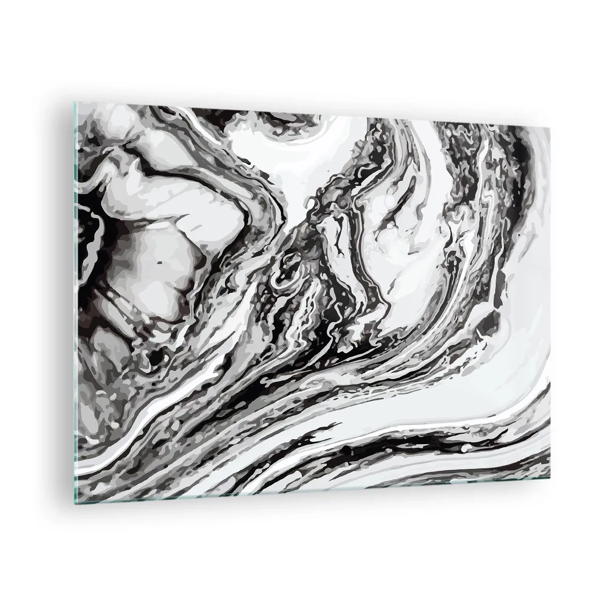Obraz na szkle - Abstrakcyjny wzór w odcieniach czerni i bieli przypominający fale - 70x50cm - Na poczatku był chaos - Nowoczesna dekoracja ścienna do salonu i sypialni ARTTOR