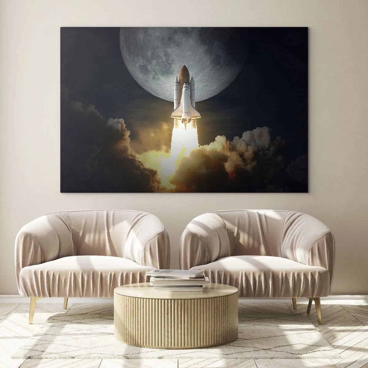 Obraz na szkle - Start rakiety kosmicznej na tle księżyca i nocnego nieba - 70x50cm - Początek nieziemskiej przygody - Nowoczesna dekoracja ścienna do salonu i sypialni ARTTOR