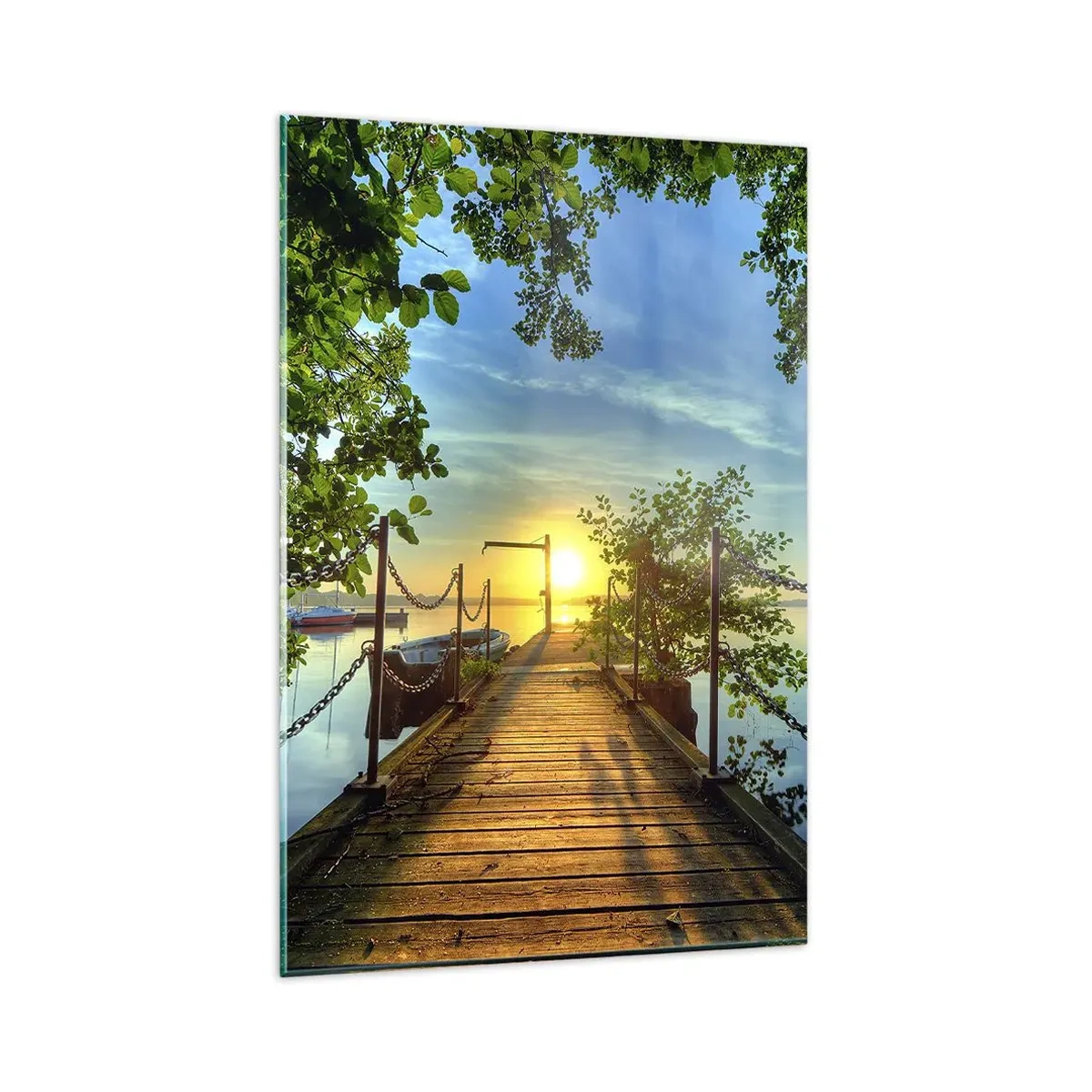 Obraz na szkle - Pomost nad jeziorem w promieniach zachodu słońca - 80x120cm - Zachód nad wodą - Nowoczesna dekoracja ścienna do salonu i sypialni ARTTOR