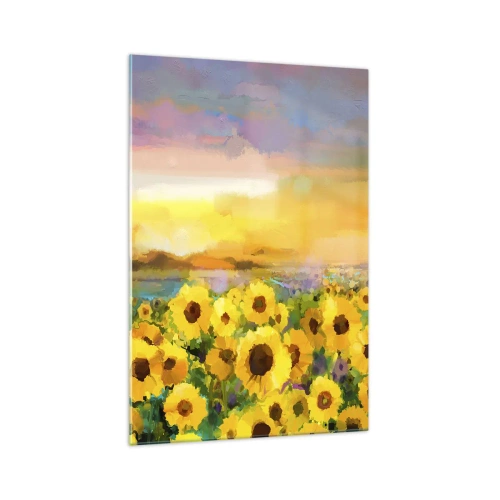 Obraz na szkle - Pole słoneczników w świetle zachodzącego słońca - 70x100cm - Samo słońce zstąpiło na ziemię - Nowoczesna dekoracja ścienna do salonu i sypialni ARTTOR