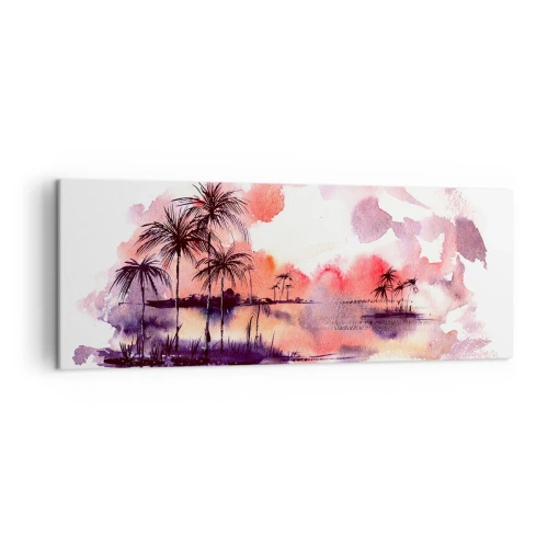Obraz na płótnie - Tropikalny pejzaż z palmami o zachodzie słońca w akwareli - 140x50cm - Spokój tropików w czerwieni - Nowoczesna dekoracja ścienna do salonu i sypialni ARTTOR