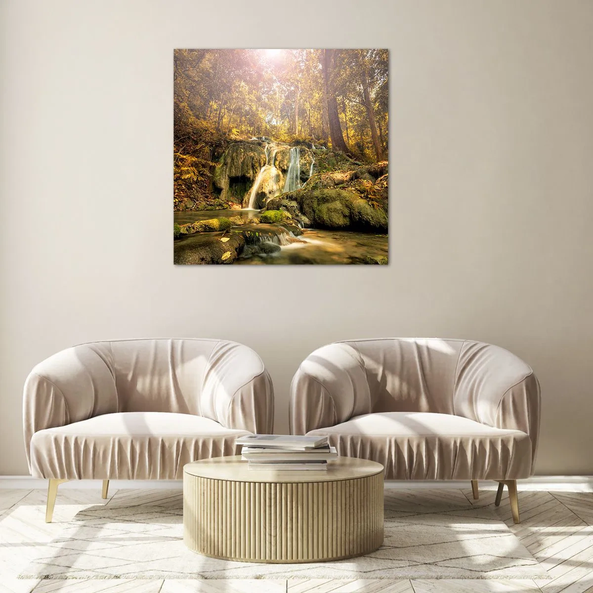 Obraz na szkle - Leśna kaskada w zieleni - 60x60 cm