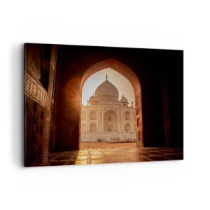 Obraz na płótnie - Taj Mahal w promieniach słońca widziany z łuku bramy - 120x80cm - Pomnik nieziemskiej miłości - Nowoczesna dekoracja ścienna do salonu, kuchni i sypialni ARTTOR
