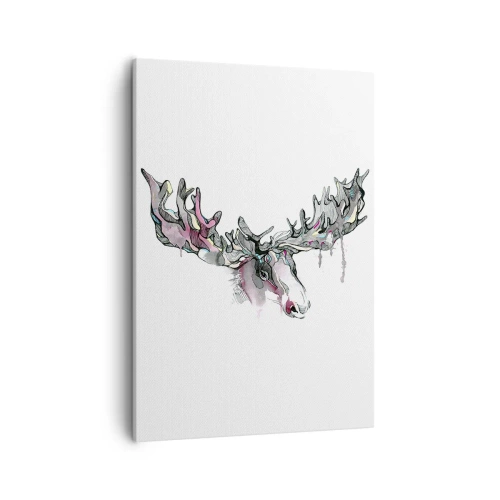 Obraz na płótnie - Artystyczna akwarela łosia z barwnym porożem na białym tle - 50x70cm - Korona króla lasu - Nowoczesna dekoracja ścienna do salonu, kuchni i sypialni ARTTOR