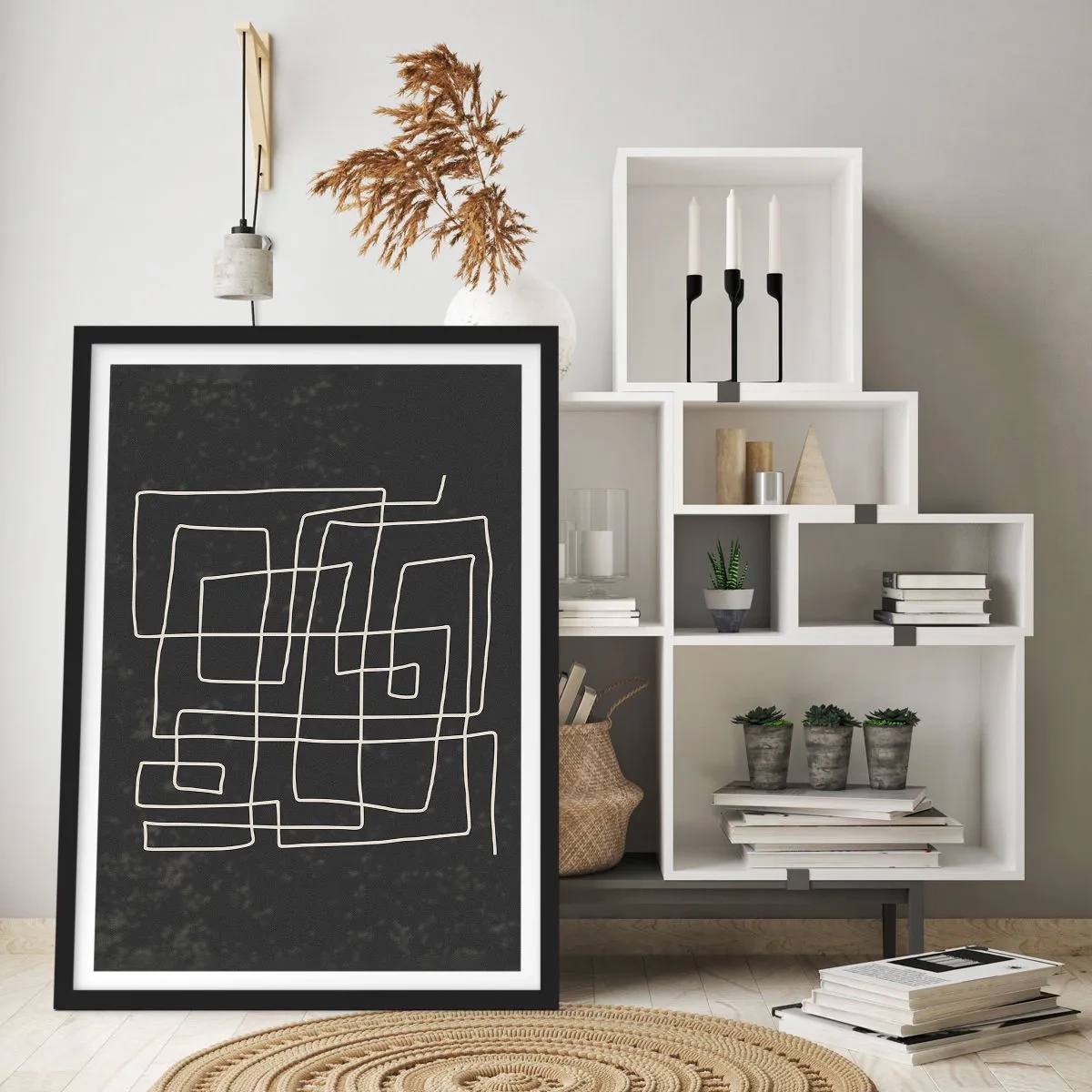 Plakat w czarnej ramie - Geometryczna abstrakcja na czarnym tle - 50x70cm - Nie taki prosty - Nowoczesna dekoracja ścienna do salonu i sypialni ARTTOR