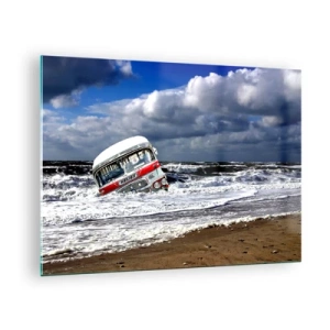 Obraz na szkle - Stary autobus w wodach wzburzonego morza - 70x50cm - I co się dziwisz? - Nowoczesna dekoracja ścienna do salonu i sypialni ARTTOR