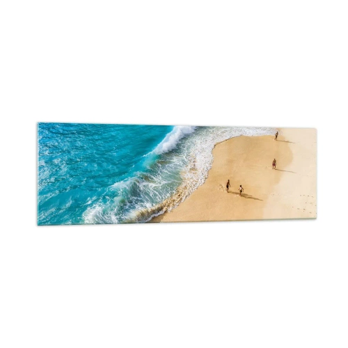 Obraz na szkle - Plaża z turkusową wodą i spacerującymi ludźmi - 160x50cm - A potem słońce, plaża… - Nowoczesna dekoracja ścienna do salonu i sypialni ARTTOR