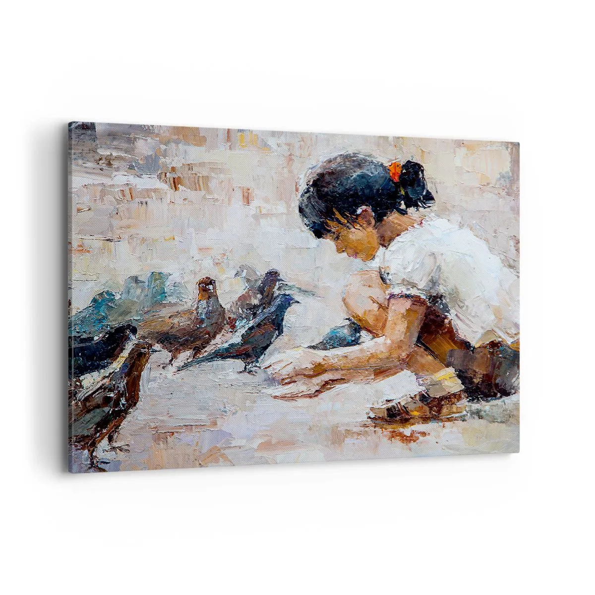 Obraz na płótnie - Dziewczynka karmiąca ptaki w malarskim stylu - 100x70cm - Maluczcy i najmilsi - Nowoczesna dekoracja ścienna do salonu, kuchni i sypialni ARTTOR