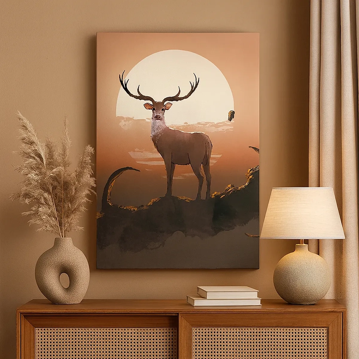 Obraz na płótnie - Grafika jelenia na tle zachodzącego słońca w ciepłych odcieniach - 50x70cm - Ta noc do innych jest niepodobna - Nowoczesna dekoracja ścienna do salonu, kuchni i sypialni ARTTOR