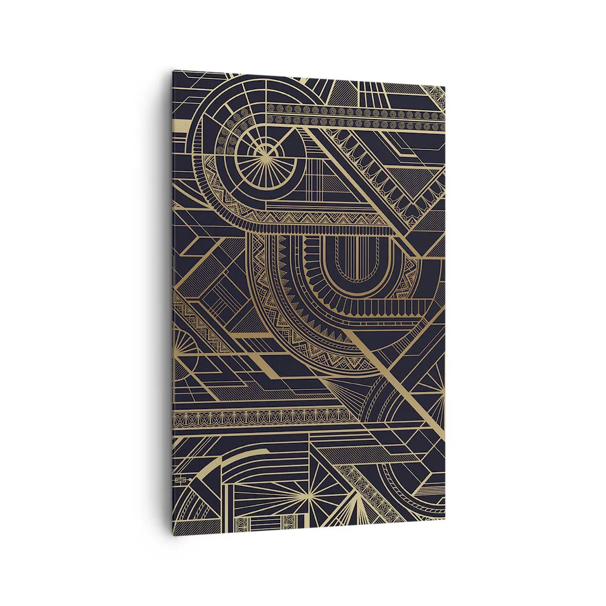 Obraz na płótnie - Złote geometryczne wzory na czarnym tle w stylu art deco - 80x120cm - Koncepty, idee, plany - Nowoczesna dekoracja ścienna do salonu i sypialni ARTTOR