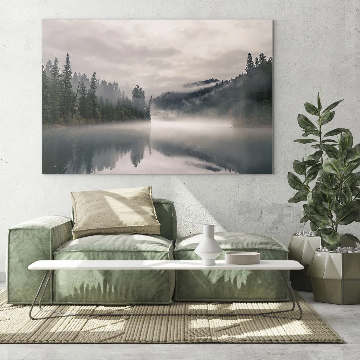 Obraz na szkle - Poranny widok na jezioro w lesie, otulone mgłą - 70x50cm - W zadumie, we mgle - Nowoczesna dekoracja ścienna do salonu i sypialni ARTTOR