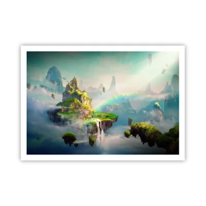 Plakat - Latające wyspy wśród chmur z tęczą na horyzoncie - 100x70cm - Śródniebie - wyspy szczęśliwe - Nowoczesna dekoracja ścienna do salonu i sypialni ARTTOR