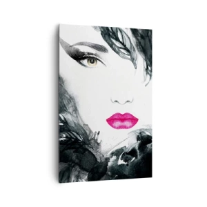 Obraz na płótnie - Artystyczny portret kobiety z intensywnie różowymi ustami - 80x120cm - Uwaga! Femme fatale - Nowoczesna dekoracja ścienna do salonu i sypialni ARTTOR