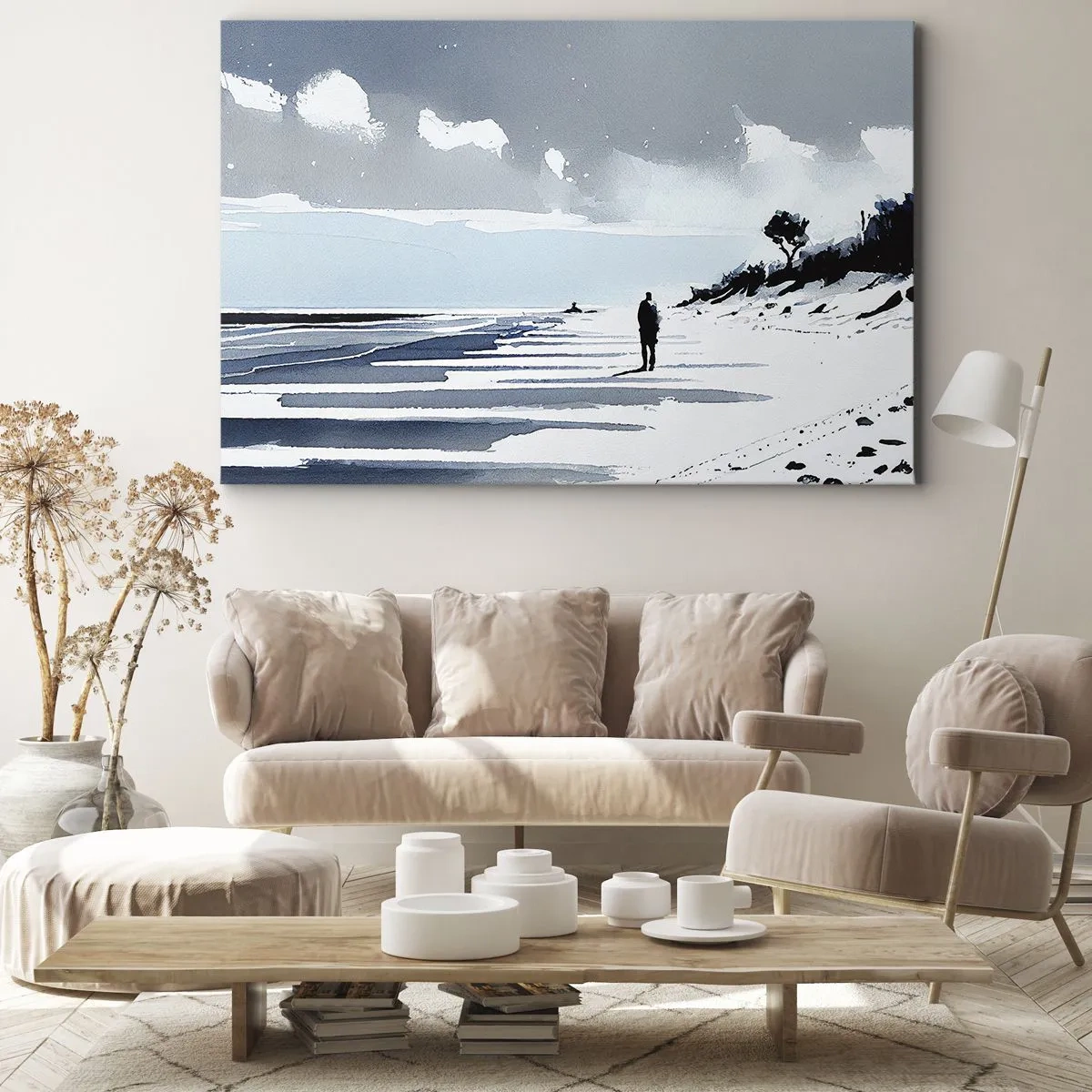 Obraz na płótnie - Samotna postać spacerująca po pustej plaży - 70x50cm - Sam na sam - Nowoczesna dekoracja ścienna do salonu i sypialni ARTTOR