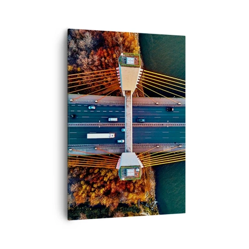 Obraz na płótnie - Most widziany z lotu ptaka nad rzeką i jesiennym krajobrazem - 70x100cm - ZA wodami, za lasami - Nowoczesna dekoracja ścienna do salonu i sypialni ARTTOR