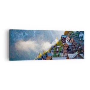 Obraz na płótnie - Górska wioska nad jeziorem w jesiennej scenerii - 140x50cm - Alpejskie klimaty - Nowoczesna dekoracja ścienna do salonu i sypialni ARTTOR