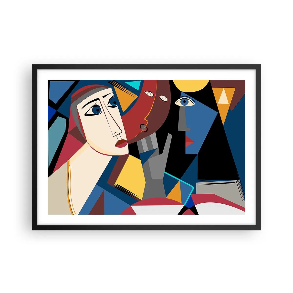 Plakat w czarnej ramie - Kubistyczne twarze w intensywnych kolorach - 70x50cm - Rozmowa kubistów - Nowoczesna dekoracja ścienna do salonu i sypialni ARTTOR