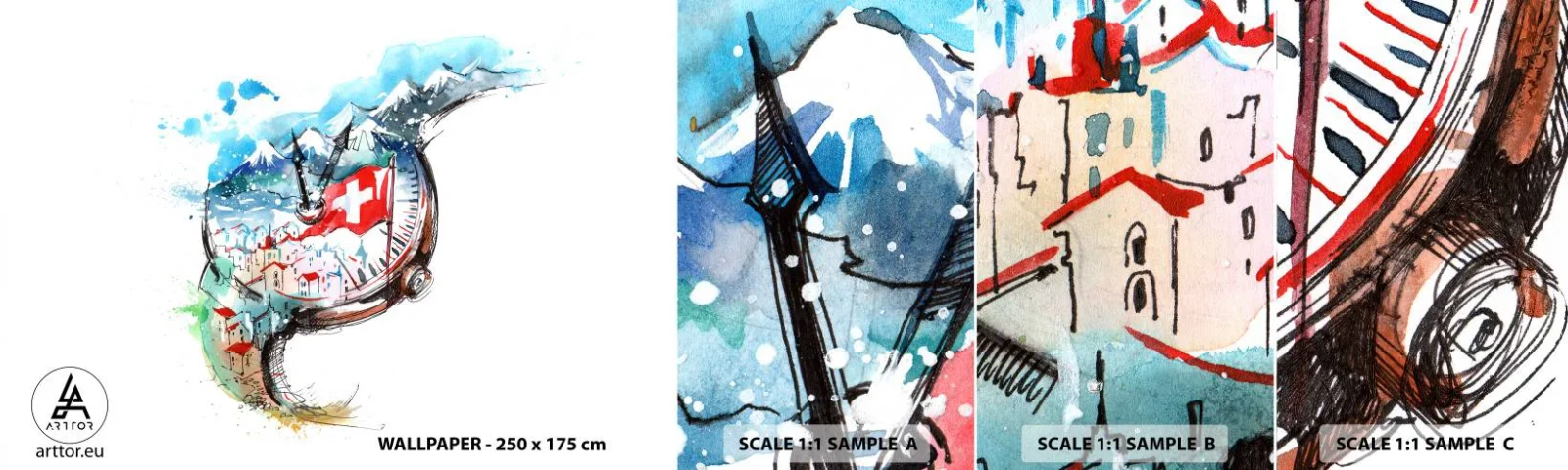 Fototapeta Próbka Samoprzylepna Deluxe Sticker - Duch Szwajcarii - Abstrakcja, Szwajcarski Zegarek, Alpy - 100x30 cm