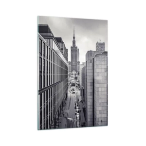Obraz na szkle - Panorama Warszawy z widokiem na Pałac Kultury i otaczające budynki - 70x100cm - Warszawska dolina - Nowoczesna dekoracja ścienna do salonu i sypialni ARTTOR
