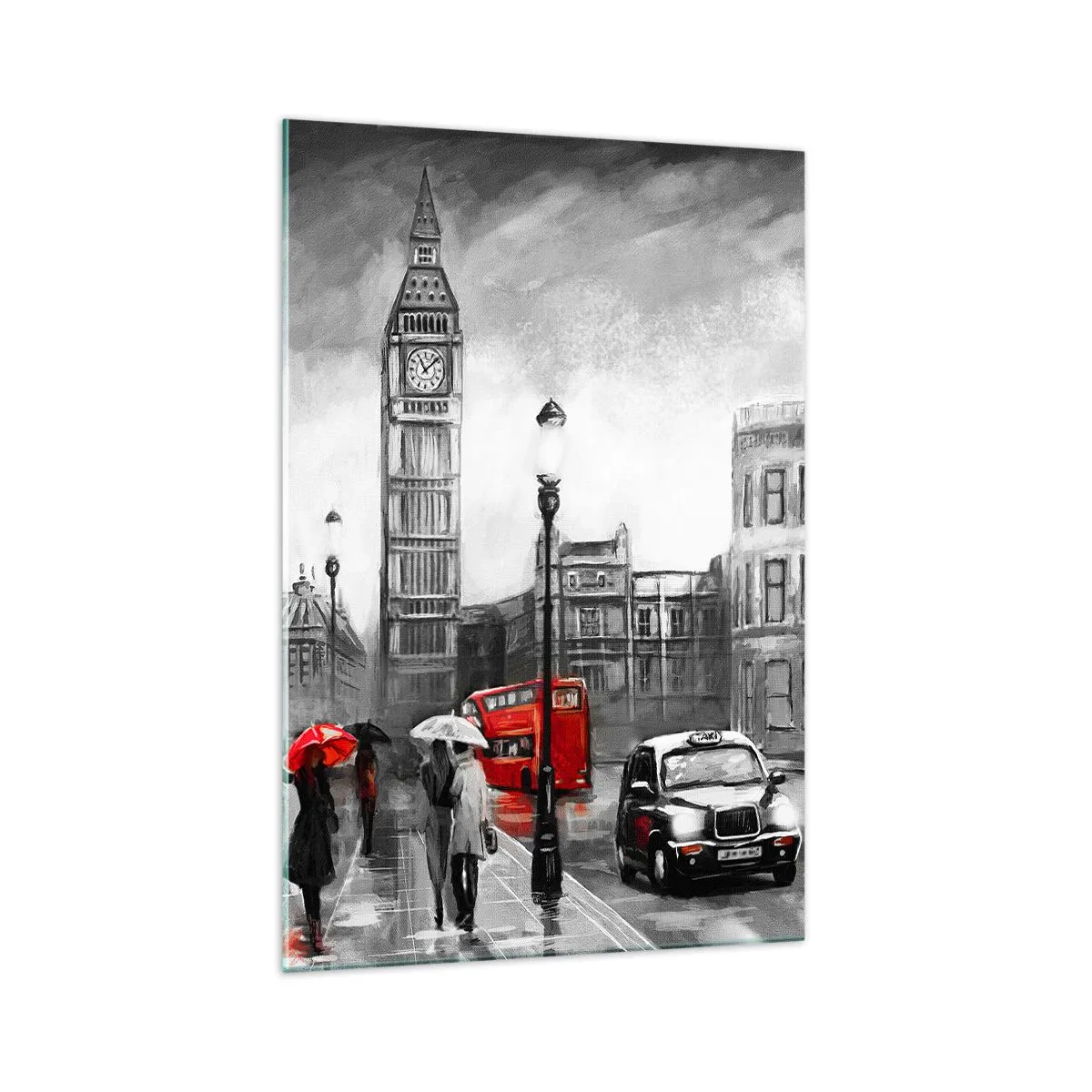 Obraz na szkle - Scena z Londynu w czarno-białym stylu z czerwonymi akcentami - 70x100cm - Wcale nie szare miasto - Nowoczesna dekoracja ścienna do salonu i sypialni ARTTOR
