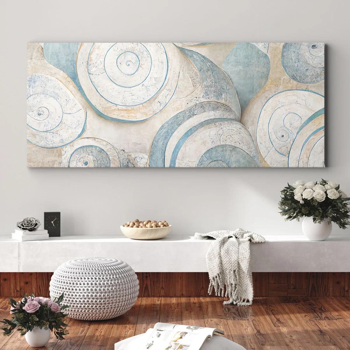 Obraz na płótnie - Abstrakcyjne muszle w pastelowych odcieniach - 120x50cm - Co kryje muszla? - Nowoczesna dekoracja ścienna do salonu i sypialni ARTTOR