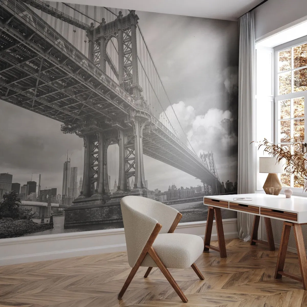 Fototapeta Premium Sand - Monochromatyczny most z panoramą miasta w tle - 100x70cm - Do serca miasta - Nowoczesna dekoracja ścienna do salonu, kuchni i sypialni ARTTOR