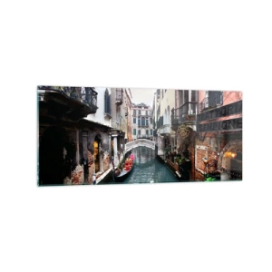 Obraz na szkle - Kanał w Wenecji z gondolą i zabytkowymi kamienicami - 120x50cm - Pejzaż wenecki z gondolą i mostkiem - Nowoczesna dekoracja ścienna do salonu i sypialni ARTTOR