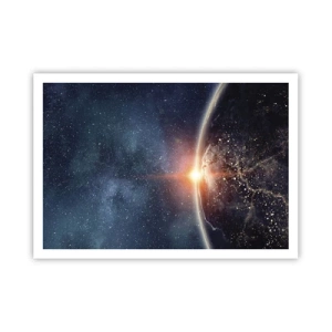 Plakat - Ziemia widziana z kosmosu z wschodzącym słońcem - 100x70cm - W nowej perspektywie - Nowoczesna dekoracja ścienna do salonu i sypialni ARTTOR