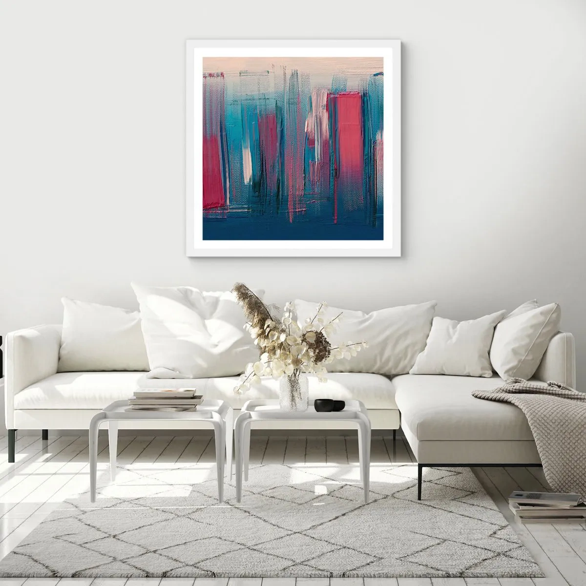 Plakat w białej ramie - Kompozycja wertykalna w błękicie i czerwieni - 50x50 cm
