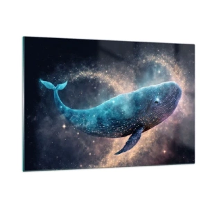 Obraz na szkle - Niebieski wieloryb unoszący się w galaktyce - 120x80cm - Jest taki świat… - Nowoczesna dekoracja ścienna do salonu, kuchni i sypialni ARTTOR