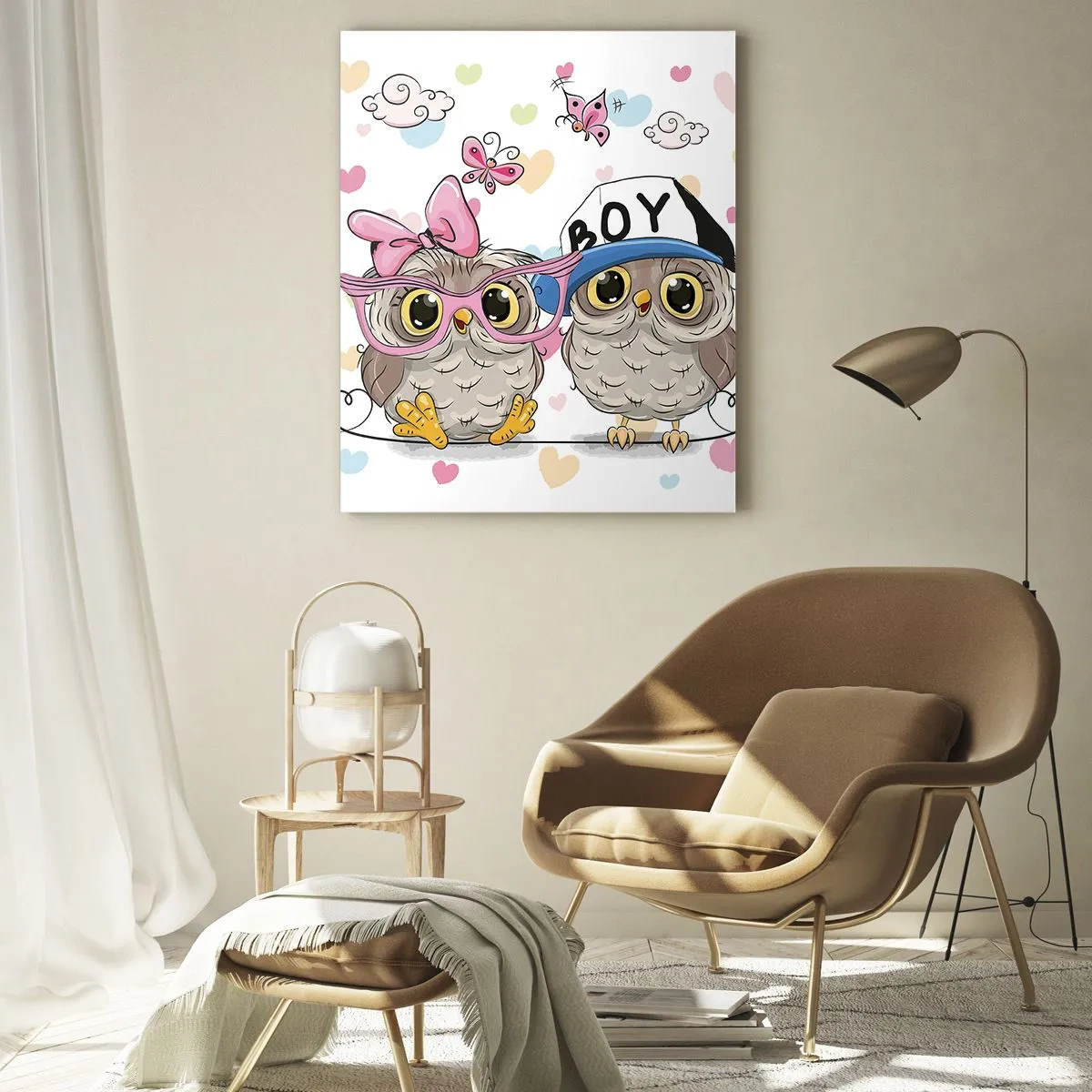 Obraz na szkle - Dwie urocze sowy w otoczeniu serduszek - 70x100cm - Kochajmy się! - Nowoczesna dekoracja ścienna do salonu i sypialni ARTTOR