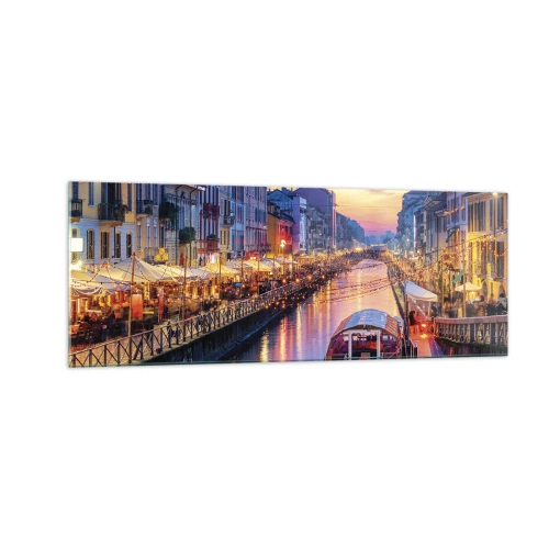 Obraz na szkle - Kanał z oświetleniem w otoczeniu kolorowych budynków - 140x50cm - Wieczór światła i zabawy - Nowoczesna dekoracja ścienna do salonu i sypialni ARTTOR