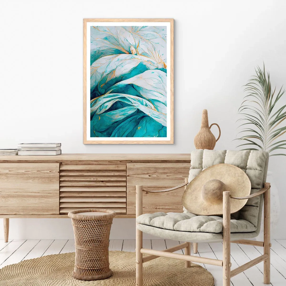 Plakat w ramie jasny dąb - Błękitna abstrakcja z motywem złota - 70x100 cm