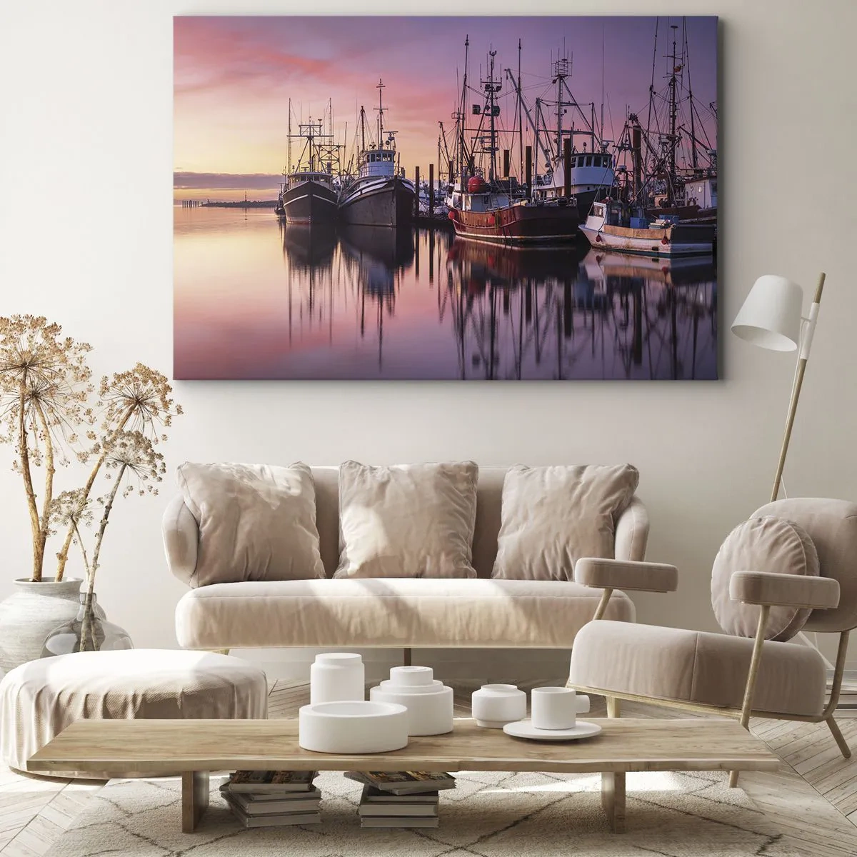 Obraz na płótnie - Łodzie rybackie w porcie o zachodzie słońca - 70x50cm - Przed kolejnym dniem - Nowoczesna dekoracja ścienna do salonu i sypialni ARTTOR