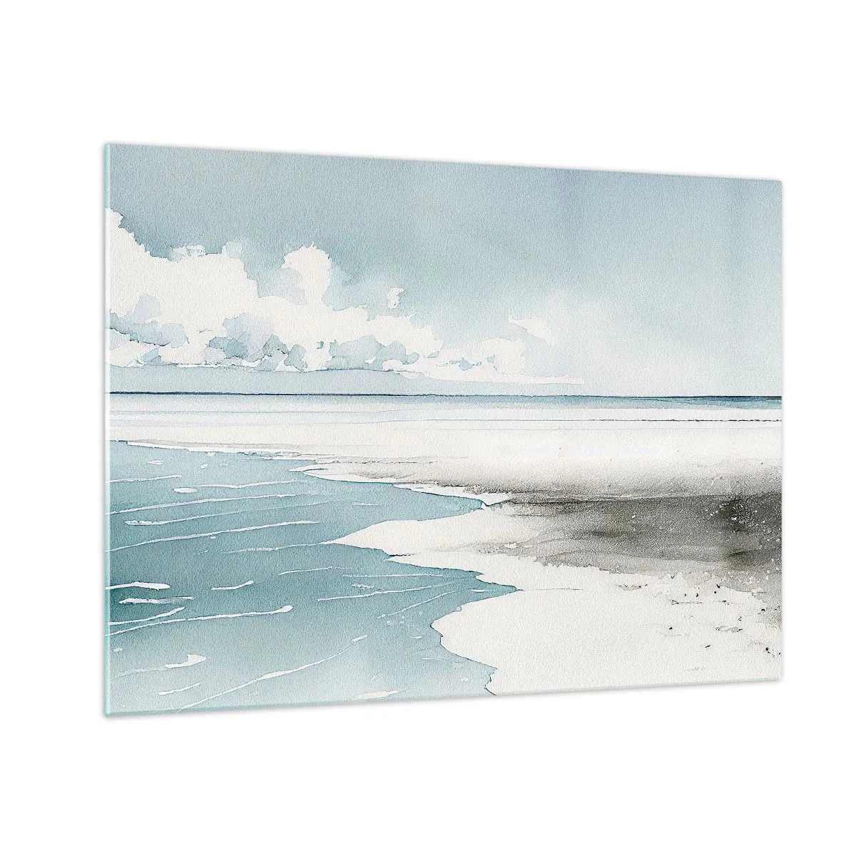 Obraz na szkle - Spokojny morski krajobraz w stylu akwarelowym w odcieniach błękitu - 70x50cm - Łagodny przypływ - Nowoczesna dekoracja ścienna do salonu i sypialni ARTTOR