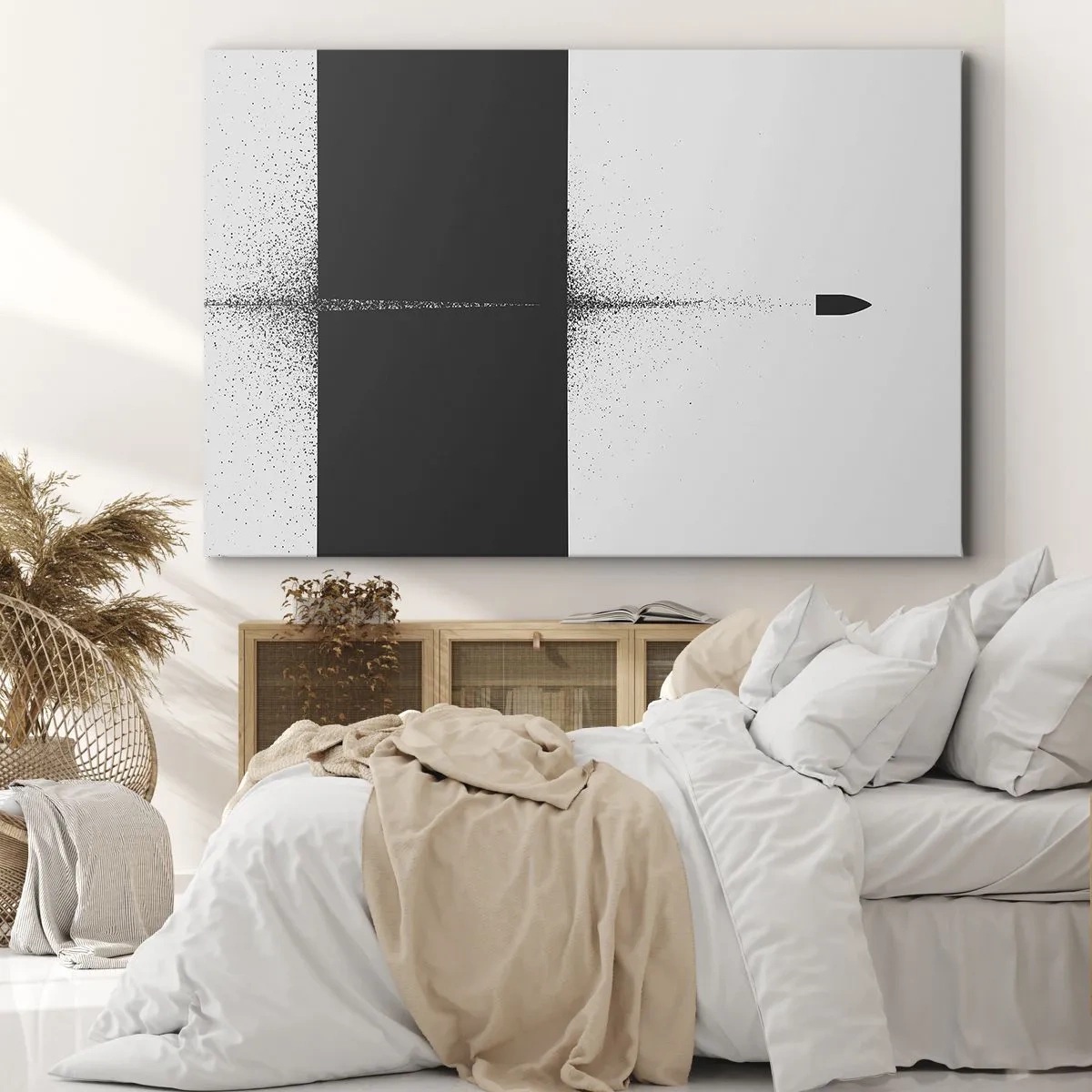 Obraz na płótnie - Symboliczny pocisk w minimalistycznym, abstrakcyjnym stylu - 70x50cm - Prosto do celu - Nowoczesna dekoracja ścienna do salonu i sypialni ARTTOR
