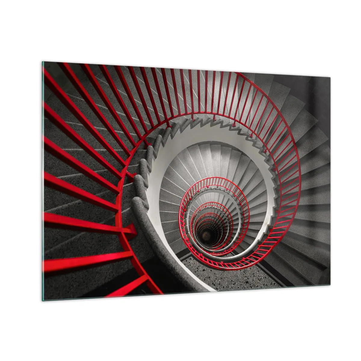 Obraz na szkle - Spiralne schody z czerwonymi poręczami w perspektywie - 100x70cm - Zabawy architektury - Nowoczesna dekoracja ścienna do salonu, kuchni i sypialni ARTTOR