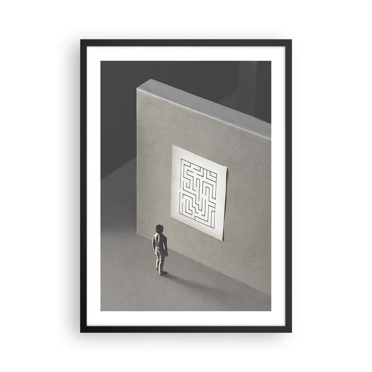 Plakat w czarnej ramie - Postać przed minimalistycznym labiryntem - 50x70cm - Ale gdzie jestem? - Nowoczesna dekoracja ścienna do salonu i sypialni ARTTOR