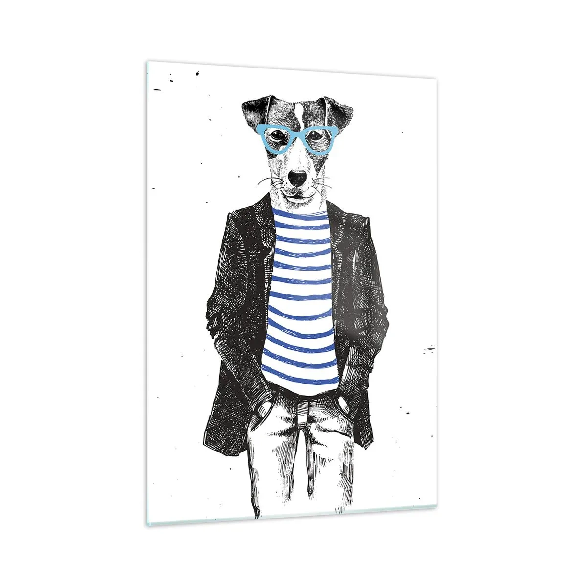 Obraz na szkle - Ilustracja psa w marynarskiej koszulce i okularach na białym tle - 50x70cm - Na psa urok - Nowoczesna dekoracja ścienna do salonu, kuchni i sypialni ARTTOR