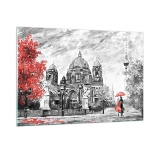 Obraz na szkle - Berlińska katedra z czerwonym akcentem w monochromatycznej tonacji - 120x80cm - Berlińskie spotkanie - Nowoczesna dekoracja ścienna do salonu, kuchni i sypialni ARTTOR