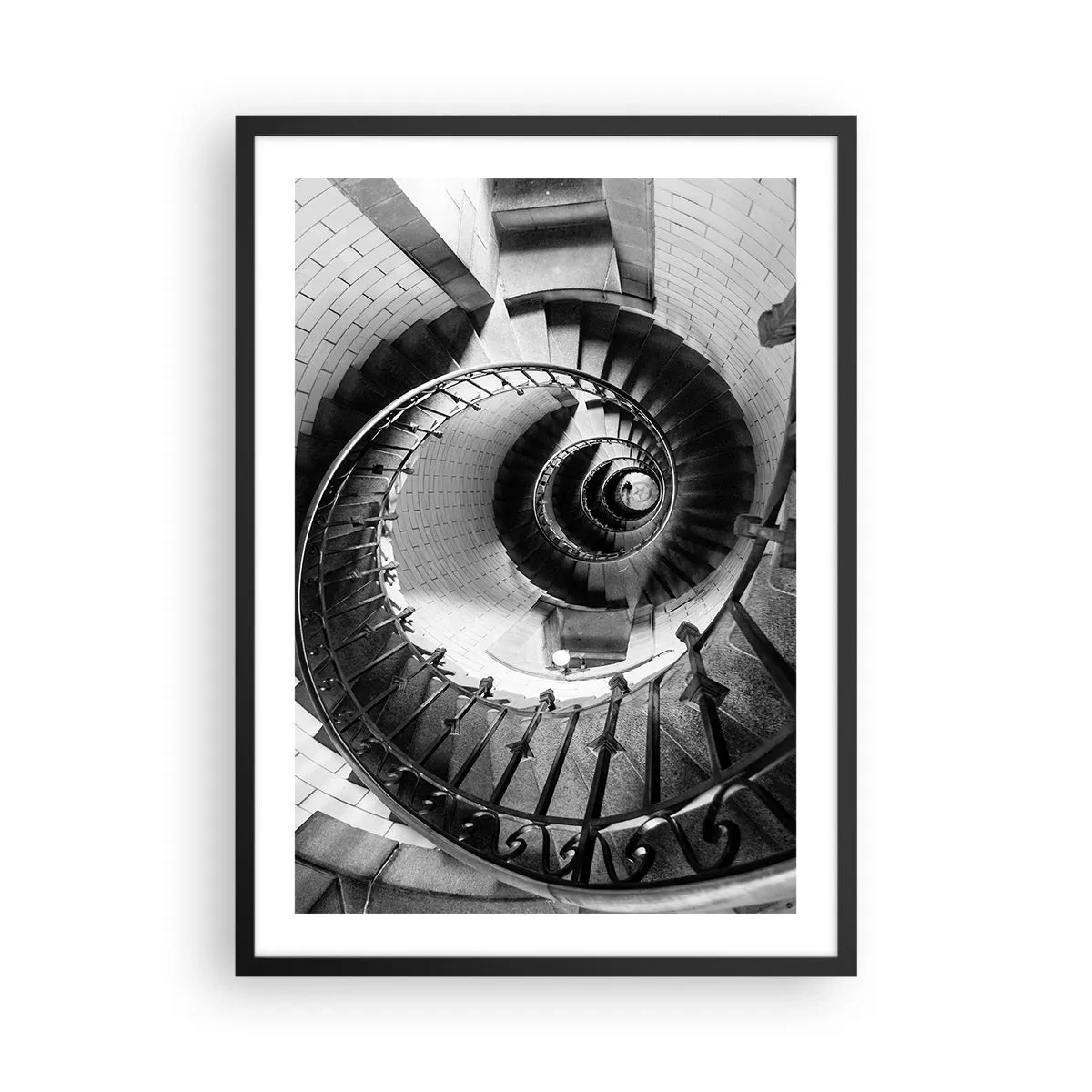 Plakat w czarnej ramie - Spiralne schody w czarno-białej perspektywie - 50x70cm - Wyżej i wyżej - Nowoczesna dekoracja ścienna do salonu i sypialni ARTTOR