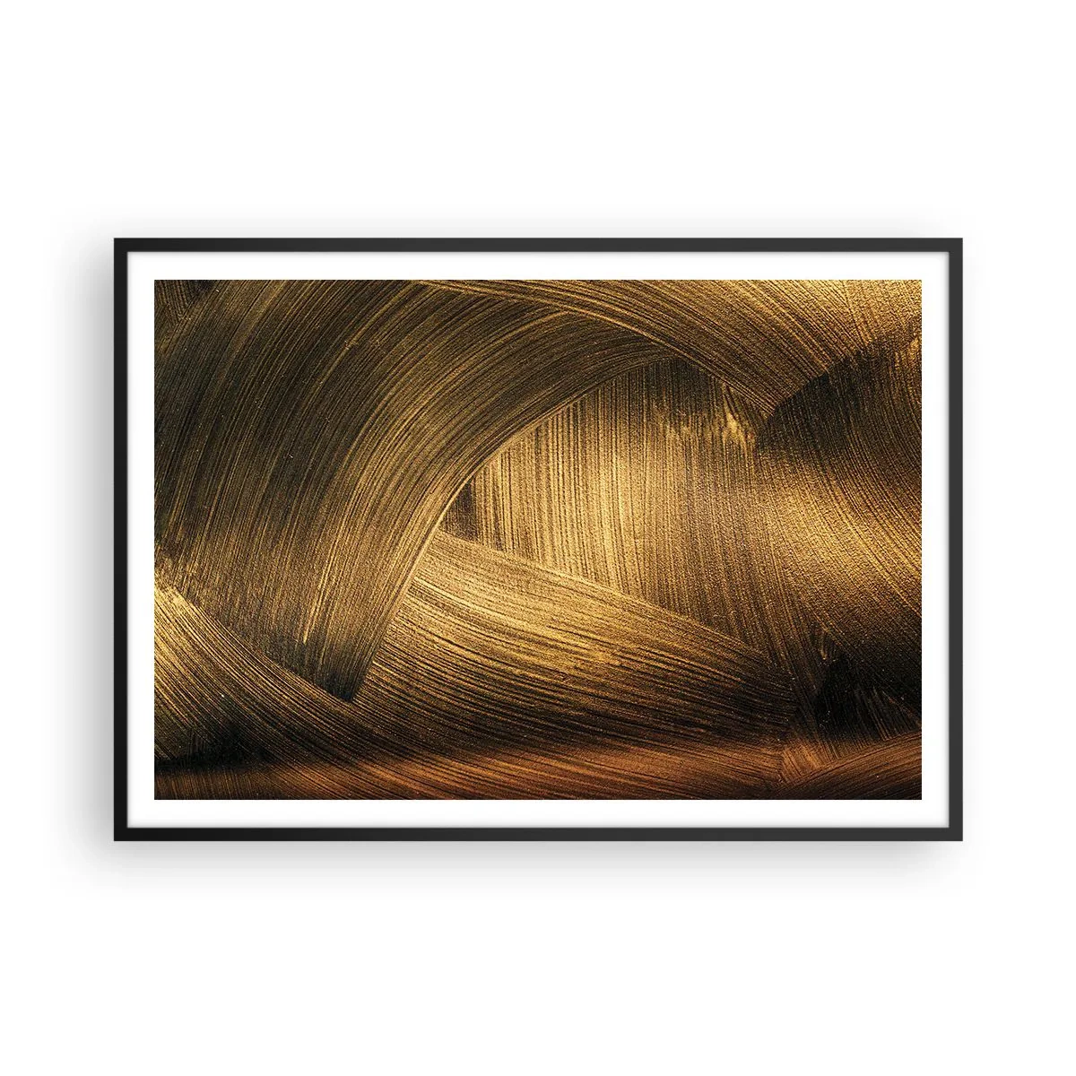 Plakat w czarnej ramie - Złote abstrakcyjne pociągnięcia pędzla - 100x70cm - W złotym labiryncie - Nowoczesna dekoracja ścienna do salonu i sypialni ARTTOR