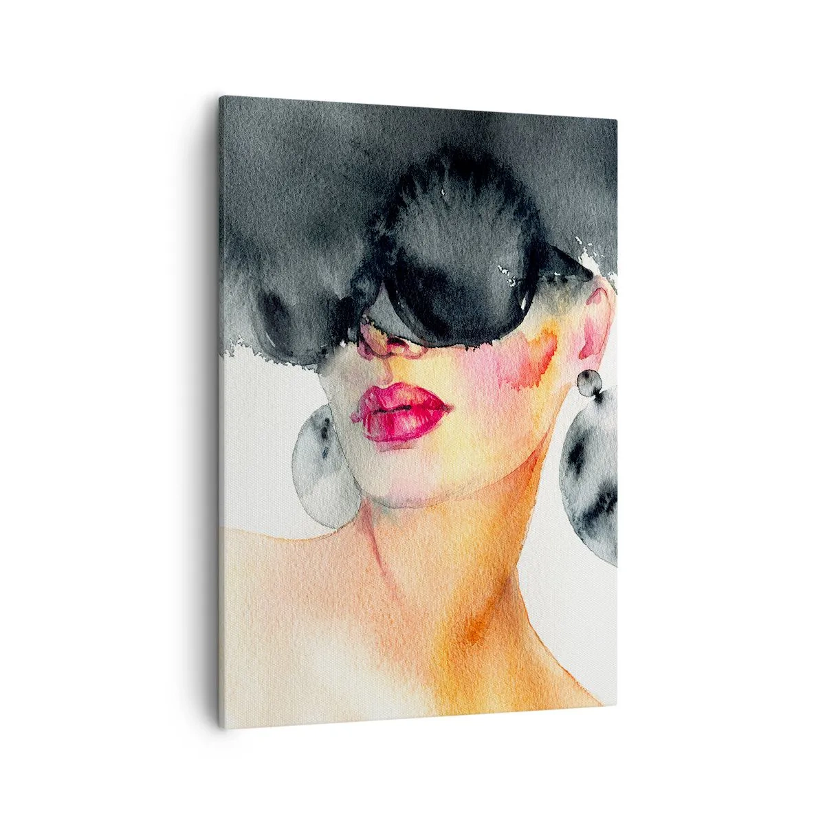 Obraz na płótnie - Akwarelowy portret kobiety w modnych okularach - 50x70cm - Tajemnica elegancji - Nowoczesna dekoracja ścienna do salonu, kuchni i sypialni ARTTOR