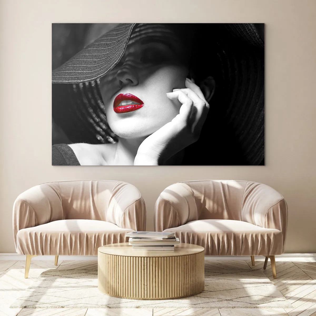 Obraz na szkle - Czarno-biała kompozycja z akcentem czerwonych ust - 100x70cm - Studium w szkarłacie - Nowoczesna dekoracja ścienna do salonu, kuchni i sypialni ARTTOR