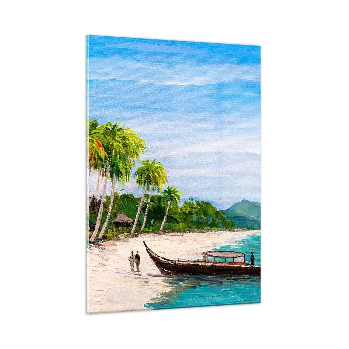 Obraz na szkle - Tropikalna plaża z łodzią i palmami przy tradycyjnych chatkach - 50x70cm - Egzotyczny sen - Nowoczesna dekoracja ścienna do salonu, kuchni i sypialni ARTTOR