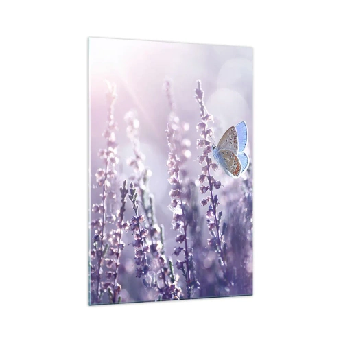 Obraz na szkle - Motyl na kwitnącej lawendzie w świetle poranka - 70x100cm - Pocałunek motyla - Nowoczesna dekoracja ścienna do salonu i sypialni ARTTOR