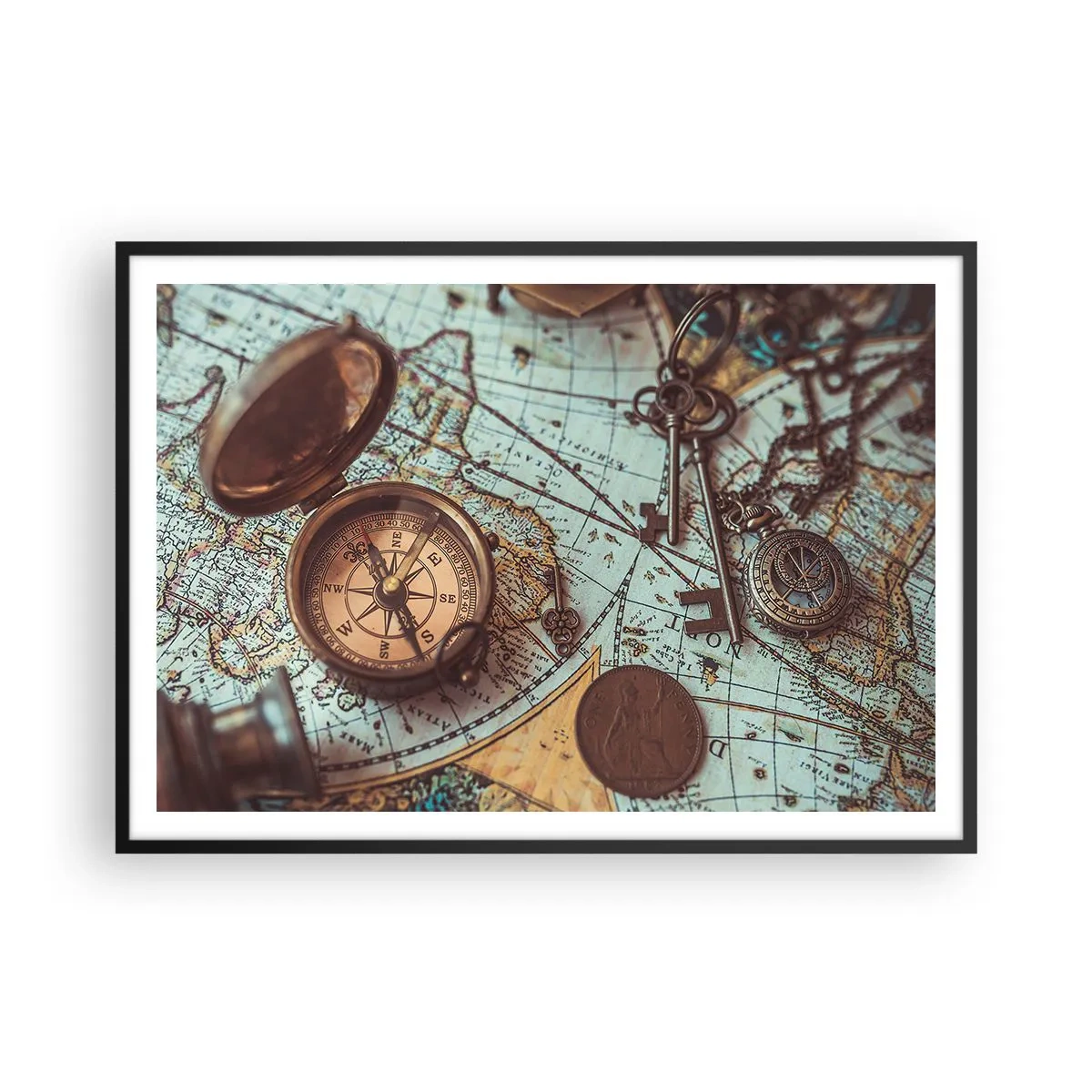 Plakat w czarnej ramie - Kompozycja z kompasem, kluczami i starą mapą w stylu retro - 100x70cm - Dla poszukiwacza przygód - Nowoczesna dekoracja ścienna do salonu i sypialni ARTTOR